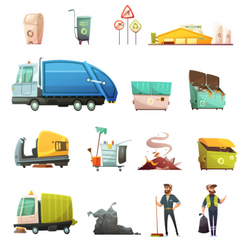 Garbage sorting and recycling process cartoon icons set with yard waste collecting