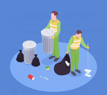 Garbage waste recycling isometric composition with faceless human characters of scavengers with rubbish bins and brush vector illustration Free Vector