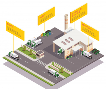 Garbage waste recycling isometric composition with infographic text captions and view of factory building and vehicles vector illustration Free Vector