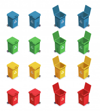 Garbage waste recycling isometric set with sixteen isolated images of rubbish bins with different colour code vector illustration Free Vector