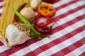 Garlic on Red and White Gingham Textile