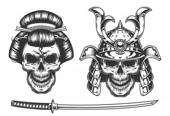 Geisha and samurai concept with skull Free Vector