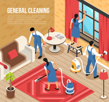 General house cleaning service isometric composition with professional team using industrial vacuum-cleaners quality squeegee vector illustration Free Vector