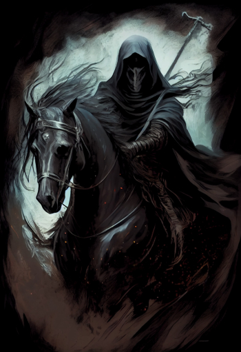 Ghostly figure dressed in black robes riding fearsome black horse Ghostly figure dressed in black robes riding fearsome black horse