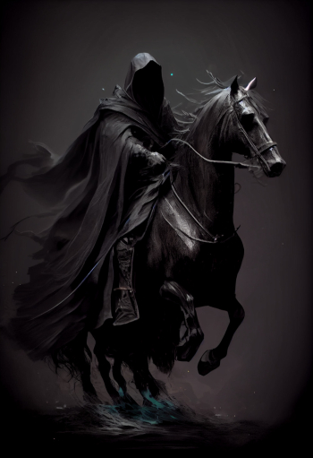 Ghostly figure dressed in black robes riding fearsome black horse Ghostly figure dressed in black robes riding fearsome black horse