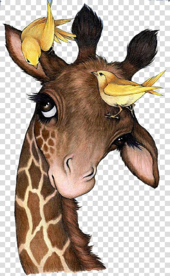 Giraffe and bird illustration, Northern giraffe Painting Drawing Animal Canvas, Giraffe and Bird transparent background PNG clipart