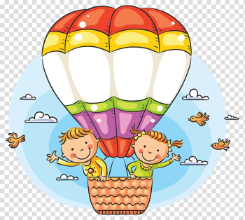 Girl and boy riding hot air balloon , Cartoon Hot air balloon Illustration, Children on a hot air balloon transparent background PNG clipart