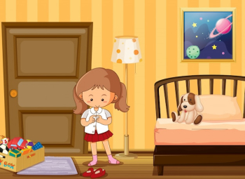 Girl dressing up in school uniform in bedroom