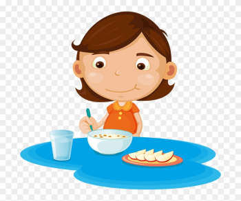 Girl Eating Cereal And Fruit - Cartoon Girl Eating Breakfast