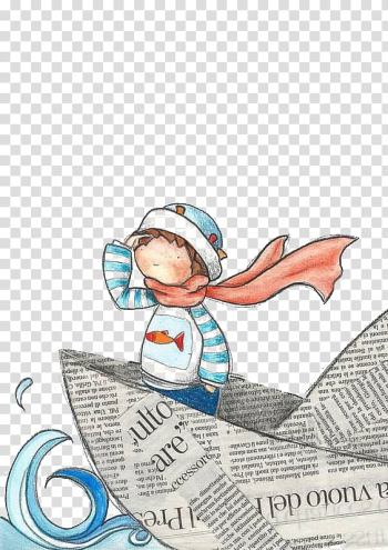 Girl on newspaper boat illustration, Child Illustrator Drawing Watercolor painting Illustration, Child transparent background PNG clipart