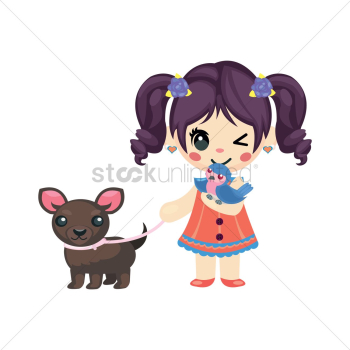 Girl with a bird and a dog Girl with a bird and a dog