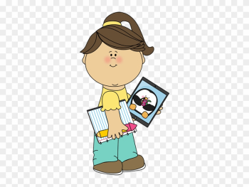 Girl With School Supplies And Tablet - Sad Face Girl Clipart