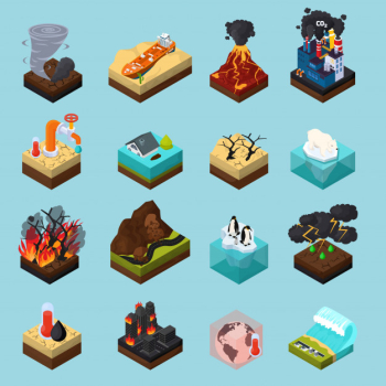 Global warming orthogonal isometric elements set Free Vector Global warming orthogonal isometric elements set Free Vector