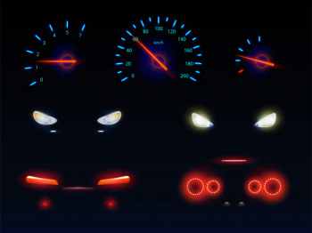 Glowing in darkness blue, red and white light, car front, back headlights, speedometer and tachometer scales, battery, fuel or oil level indicators 3d realistic vector set Free Vector