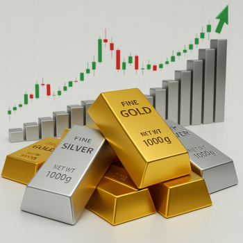 Gold and Silver Bullion with Rising Market Graph Gold and Silver Bullion with Rising Market Graph