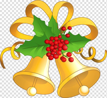 Gold bells graphics art, Christmas Jingle bell , Christmas Gold Bells with Mistletoe transparent background PNG clipart