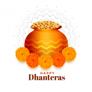 Gold coins pot with marigold flower dhanteras background Free Vector