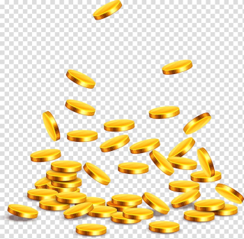 Gold-colored coins animated illustration, Gold coin Adobe Illustrator, Floating purse transparent background PNG clipart
