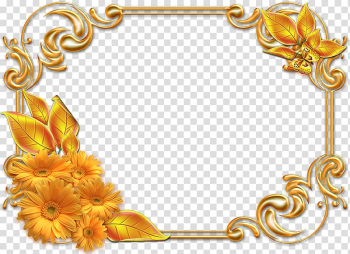 Gold flowers and leaves digital frame illustration, Frames , invitation frame transparent background PNG clipart