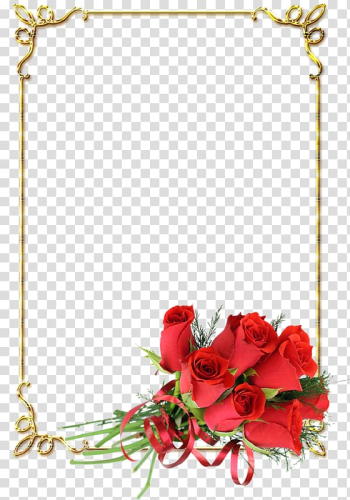 Gold frame with bouquet of red rose flowers accent, frame , Metal frame rose decoration transparent background PNG clipart