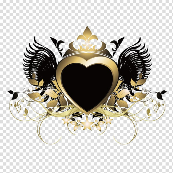 Gold heart with black wings and crown illustration, Ornament , Gold heart-shaped decorative borders transparent background PNG clipart