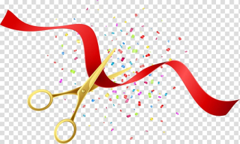 Gold scissors cutting red ribbon , Opening ceremony Illustration, Beautifully opened scissors poster transparent background PNG clipart