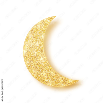 Gold shiny glitter glowing half moon with shadow isolated on white background. Crescent Islamic for Ramadan Kareem design element. Vector illustration