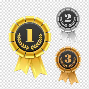 Gold, silver, and bronze medals, Ribbon Award Rosette , Gold and silver bronze design transparent background PNG clipart