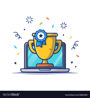 gold trophy badge with laptop cartoon