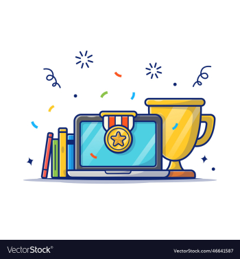 gold trophy book and laptop with confetti cartoon