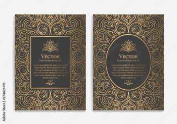 Gold vintage greeting card on a black background. Luxury vector ornament template. Mandala. Great for invitation, flyer, menu, brochure, postcard, wallpaper, decoration, or any desired idea.