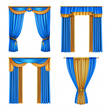 Golden blue long luxury drapes curtains set 4 realistic living room window decorations ideas isolated  illustration Free Vector