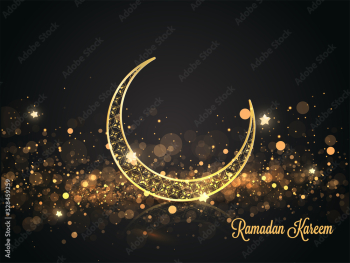 Golden Ornate Crescent Moon with Stars and Bokeh Light Effect on Black Background for Ramadan Kareem Celebration.