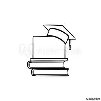 Graduation cap on book and laptop hand drawn outline doodle icon Graduation cap on book and laptop hand drawn outline doodle icon