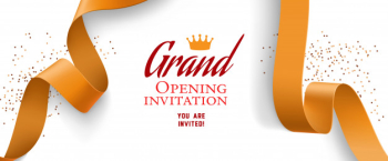 Grand opening invitation with confetti, gold ribbons Free Vector