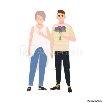 Grandson giving flower bouquet to his grandmother Grandson giving flower bouquet to his grandmother