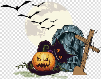 Graveyard illustration, Halloween Pumpkin Jack-o-lantern , Cemetery Halloween pumpkin transparent background PNG clipart