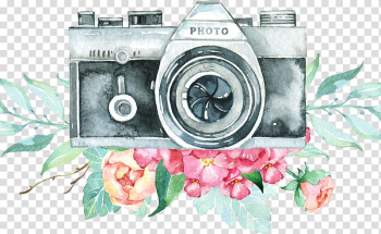 Gray and black camera and pink flowers art, Logo Watercolor painting , old recording camera transparent background PNG clipart