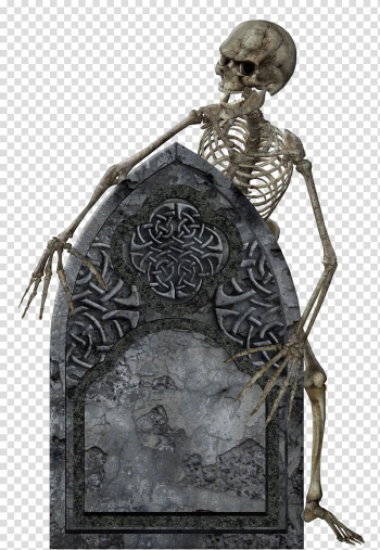 Gray skeleton, Headstone Halloween, Skeleton with Tombstone transparent background PNG clipart