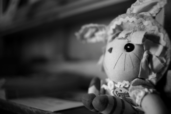 Grayscale Photography of Cartoon Character Plush Toy Grayscale Photography of Cartoon Character Plush Toy