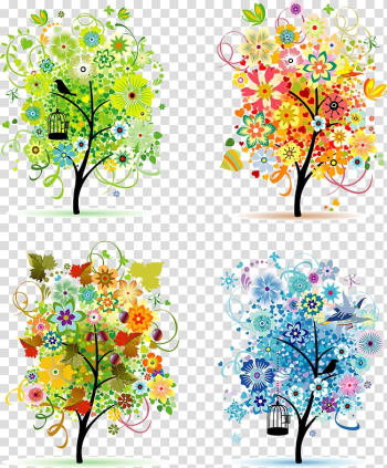 Green and blue floral trees collage illustration, Four Seasons Hotels and Resorts Euclidean , four seasons blooms transparent background PNG clipart