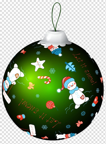 Green and white Christmas bauble, Christmas ornament Christmas decoration , Green Christmas Ball with Snowman transparent background PNG clipart
