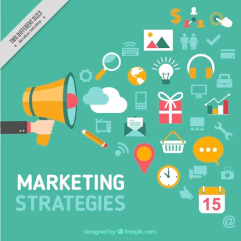 Green background with megaphone and marketing icons in flat style