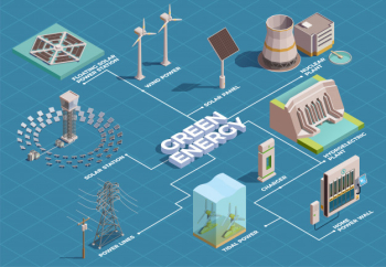 Green energy production transportation consumption isometric flowchart with solar panels hydroelectric plant home power wall Free Vector