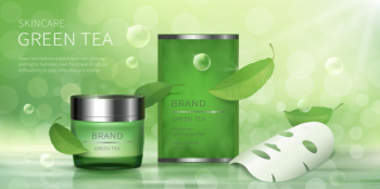 Green glass jar and facial sheet mask Free Vector