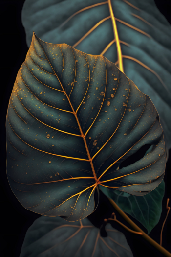 Green leaf design with gold lines on a black background