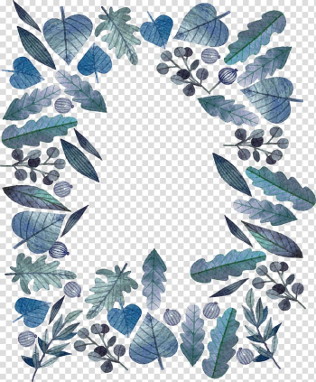 Green leaf frame, Blue watercolor leaves transparent background PNG clipart