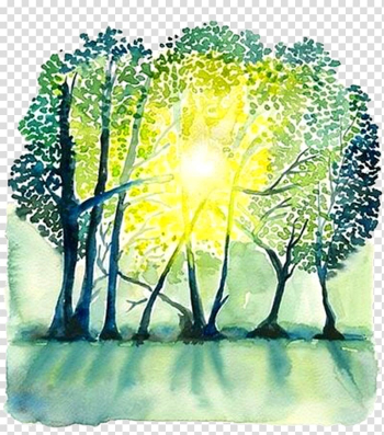 Green leafed trees painting, Paper Watercolor painting Landscape painting Painter, Book color forest sunshine transparent background PNG clipart