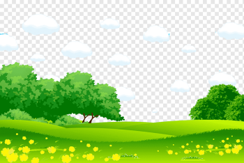 green trees under blue clouds illustration, Cartoon Landscape painting graphy Illustration, Green grass white grassland Mongolian grassland, white, child, leaf png