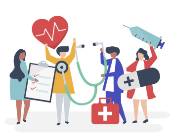 Group of medical staff carrying health related icons Group of medical staff carrying health related icons